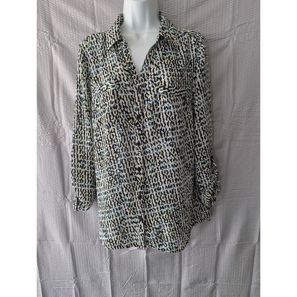 Valerie Stevens Womens Medium Abstract Animal Print Roll Tab Button Down Blouse